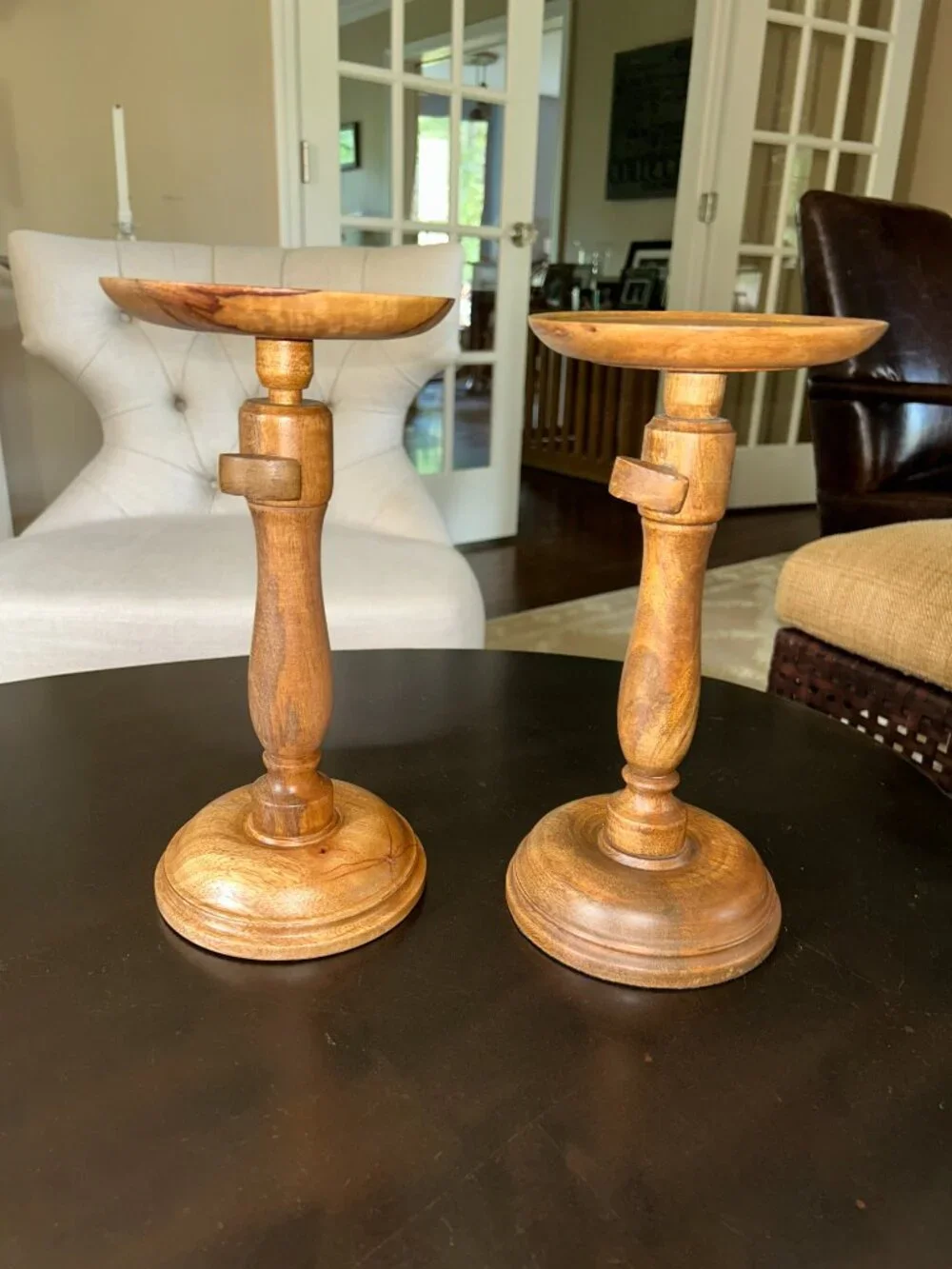 Williams Sonoma Antique Wood Pillar Candle Holders Adjustable, Pair, 12